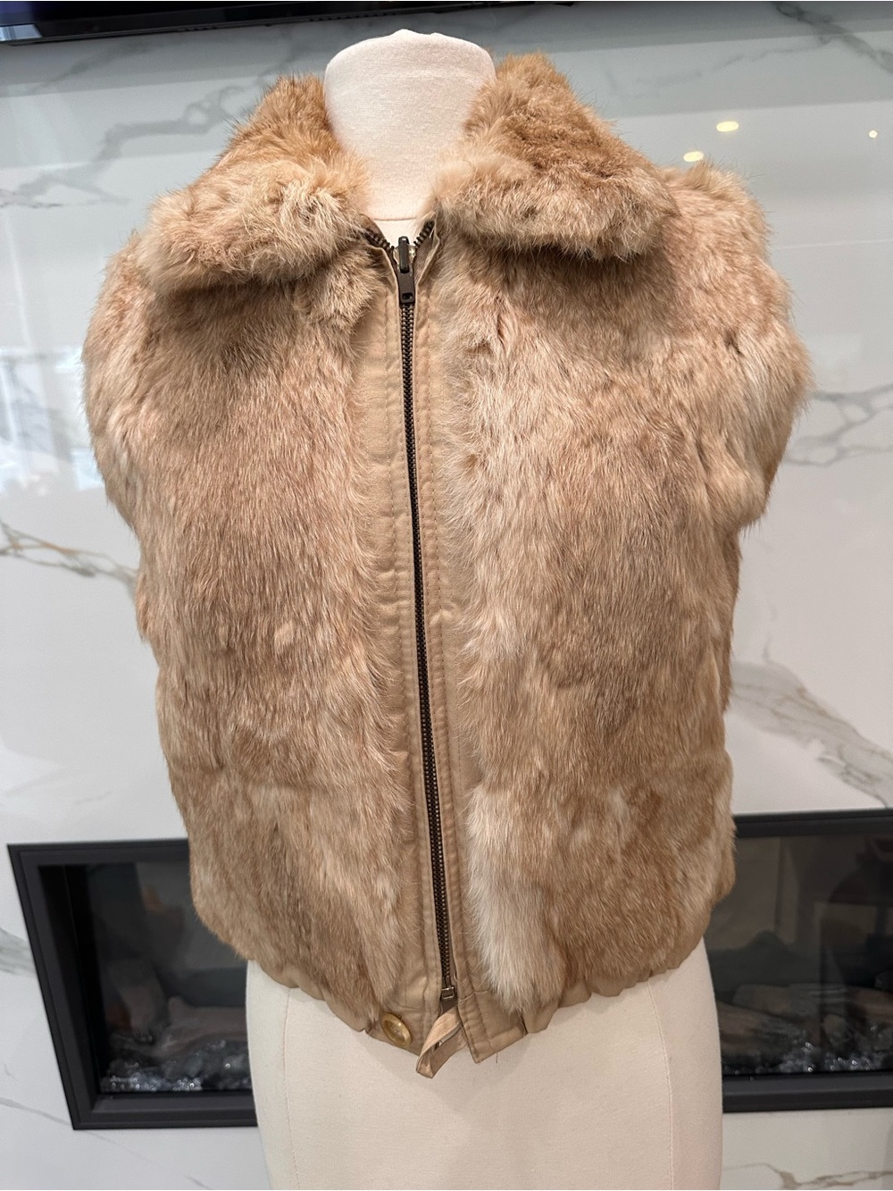 100% Real Fur Zip Front Vest in Warm Camel